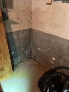 A dimly lit, cluttered basement corner with concrete walls and floor, showing peeling paint and a bicycle wheel partially visible on the right.